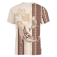 Swimming With Humpback Whales Season Tonga Women V-Neck T-Shirt Tongan Tofuaa Ngatu Pattern Brown