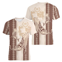 Swimming With Humpback Whales Season Tonga Women V-Neck T-Shirt Tongan Tofuaa Ngatu Pattern Brown
