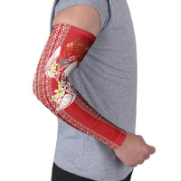 Swimming With Humpback Whales Season Tonga Arm Sleeves Tongan Tofuaa Ngatu Pattern Red