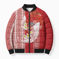 Swimming With Humpback Whales Season Tonga Bomber Puffer Jacket Tongan Tofuaa Ngatu Pattern Red