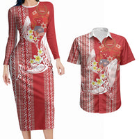 Swimming With Humpback Whales Season Tonga Couples Matching Long Sleeve Bodycon Dress and Hawaiian Shirt Tongan Tofuaa Ngatu Pattern Red