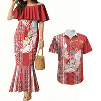 Swimming With Humpback Whales Season Tonga Couples Matching Mermaid Dress and Hawaiian Shirt Tongan Tofuaa Ngatu Pattern Red