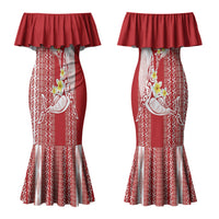 Swimming With Humpback Whales Season Tonga Couples Matching Mermaid Dress and Hawaiian Shirt Tongan Tofuaa Ngatu Pattern Red