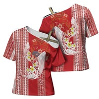 Swimming With Humpback Whales Season Tonga Cross Shoulder Shirt Tongan Tofuaa Ngatu Pattern Red