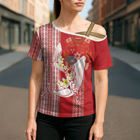 Swimming With Humpback Whales Season Tonga Cross Shoulder Shirt Tongan Tofuaa Ngatu Pattern Red