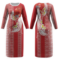 Swimming With Humpback Whales Season Tonga Family Matching Long Sleeve Bodycon Dress and Hawaiian Shirt Tongan Tofuaa Ngatu Pattern Red