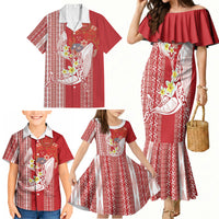 Swimming With Humpback Whales Season Tonga Family Matching Mermaid Dress and Hawaiian Shirt Tongan Tofuaa Ngatu Pattern Red