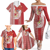 Swimming With Humpback Whales Season Tonga Family Matching Off The Shoulder Long Sleeve Dress and Hawaiian Shirt Tongan Tofuaa Ngatu Pattern Red