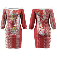 Swimming With Humpback Whales Season Tonga Family Matching Off The Shoulder Long Sleeve Dress and Hawaiian Shirt Tongan Tofuaa Ngatu Pattern Red