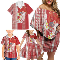 Swimming With Humpback Whales Season Tonga Family Matching Off Shoulder Short Dress and Hawaiian Shirt Tongan Tofuaa Ngatu Pattern Red