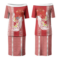 Swimming With Humpback Whales Season Tonga Family Matching Puletasi and Hawaiian Shirt Tongan Tofuaa Ngatu Pattern Red