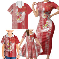 Swimming With Humpback Whales Season Tonga Family Matching Short Sleeve Bodycon Dress and Hawaiian Shirt Tongan Tofuaa Ngatu Pattern Red