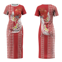 Swimming With Humpback Whales Season Tonga Family Matching Short Sleeve Bodycon Dress and Hawaiian Shirt Tongan Tofuaa Ngatu Pattern Red