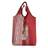 Swimming With Humpback Whales Season Tonga Grocery Bag Tongan Tofuaa Ngatu Pattern Red