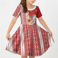 Swimming With Humpback Whales Season Tonga Kid Short Sleeve Dress Tongan Tofuaa Ngatu Pattern Red