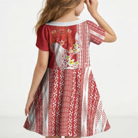 Swimming With Humpback Whales Season Tonga Kid Short Sleeve Dress Tongan Tofuaa Ngatu Pattern Red