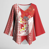 Swimming With Humpback Whales Season Tonga Kimono Sleeve Blouse Tongan Tofuaa Ngatu Pattern Red