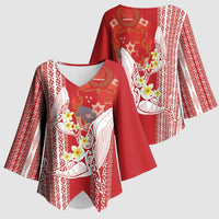 Swimming With Humpback Whales Season Tonga Kimono Sleeve Blouse Tongan Tofuaa Ngatu Pattern Red