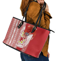 Swimming With Humpback Whales Season Tonga Leather Tote Bag Tongan Tofuaa Ngatu Pattern Red