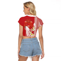 Swimming With Humpback Whales Season Tonga Raglan Cropped T Shirt Tongan Tofuaa Ngatu Pattern Red