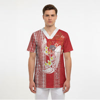Swimming With Humpback Whales Season Tonga Scrub Top Tongan Tofuaa Ngatu Pattern Red