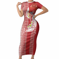 Swimming With Humpback Whales Season Tonga Short Sleeve Bodycon Dress Tongan Tofuaa Ngatu Pattern Red