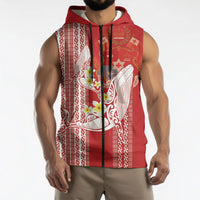 Swimming With Humpback Whales Season Tonga Sleeveless Zip Hoodie Tongan Tofuaa Ngatu Pattern Red