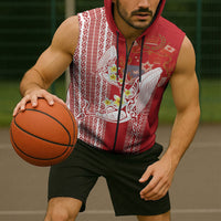 Swimming With Humpback Whales Season Tonga Sleeveless Zip Hoodie Tongan Tofuaa Ngatu Pattern Red
