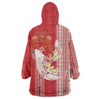 Swimming With Humpback Whales Season Tonga Wearable Blanket Hoodie Tongan Tofuaa Ngatu Pattern Red