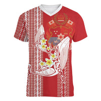 Swimming With Humpback Whales Season Tonga Women V-Neck T-Shirt Tongan Tofuaa Ngatu Pattern Red