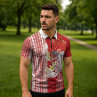 Swimming With Humpback Whales Season Tonga Zipper Polo Shirt Tongan Tofuaa Ngatu Pattern Red