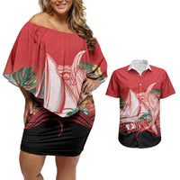 Vavau Sailing Festival Tonga Personalised Couples Matching Off Shoulder Short Dress and Hawaiian Shirt Humpback Whale Sailboat Tropical Vibes