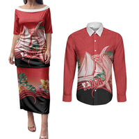 Vavau Sailing Festival Tonga Personalised Couples Matching Puletasi and Long Sleeve Button Shirt Humpback Whale Sailboat Tropical Vibes