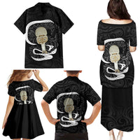 Black New Zealand Eel Family Matching Puletasi and Hawaiian Shirt Aotearoa Maori Tuna With Kotiate Weapon
