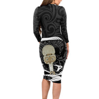 Black New Zealand Eel Long Sleeve Bodycon Dress Aotearoa Maori Tuna With Kotiate Weapon