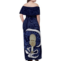 Blue New Zealand Eel Family Matching Off Shoulder Maxi Dress and Hawaiian Shirt Aotearoa Maori Tuna With Kotiate Weapon
