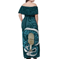 Turquoise New Zealand Eel Off Shoulder Maxi Dress Aotearoa Maori Tuna With Kotiate Weapon