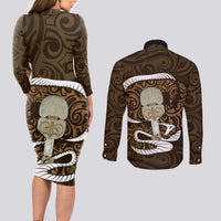 Gold New Zealand Eel Couples Matching Long Sleeve Bodycon Dress and Long Sleeve Button Shirt Aotearoa Maori Tuna With Kotiate Weapon