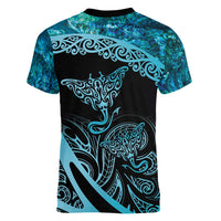 New Zealand Stingray Women V-Neck T-Shirt Aotearoa Whai With Maori Paua Shell