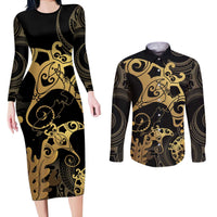 Black And Gold Aotearoa Whai Couples Matching Long Sleeve Bodycon Dress and Long Sleeve Button Shirt NZ Stingrays Maori Curves Style
