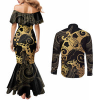Black And Gold Aotearoa Whai Couples Matching Mermaid Dress and Long Sleeve Button Shirt NZ Stingrays Maori Curves Style