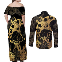 Black And Gold Aotearoa Whai Couples Matching Off Shoulder Maxi Dress and Long Sleeve Button Shirt NZ Stingrays Maori Curves Style