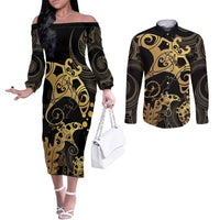 Black And Gold Aotearoa Whai Couples Matching Off The Shoulder Long Sleeve Dress and Long Sleeve Button Shirt NZ Stingrays Maori Curves Style