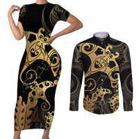 Black And Gold Aotearoa Whai Couples Matching Short Sleeve Bodycon Dress and Long Sleeve Button Shirt NZ Stingrays Maori Curves Style