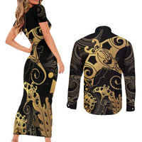Black And Gold Aotearoa Whai Couples Matching Short Sleeve Bodycon Dress and Long Sleeve Button Shirt NZ Stingrays Maori Curves Style