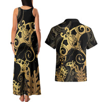 Black And Gold Aotearoa Whai Couples Matching Tank Maxi Dress and Hawaiian Shirt NZ Stingrays Maori Curves Style