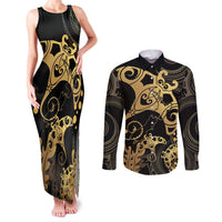 Black And Gold Aotearoa Whai Couples Matching Tank Maxi Dress and Long Sleeve Button Shirt NZ Stingrays Maori Curves Style