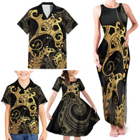 Black And Gold Aotearoa Whai Family Matching Tank Maxi Dress and Hawaiian Shirt NZ Stingrays Maori Curves Style