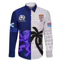 Fiji And Scotland Rugby Family Matching Off Shoulder Long Sleeve Dress and Hawaiian Shirt Fijian Tapa Pattern With Thistle LT14 Dad's Shirt - Long Sleeve Blue - Polynesian Pride