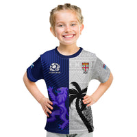 Custom Fiji And Scotland Rugby Kid T Shirt Fijian Tapa Pattern With Thistle LT14 Blue - Polynesian Pride